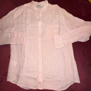 Cubavera Mens 100% Linen Band Collar Striped Long Sleeve Shirt Pink White Size M